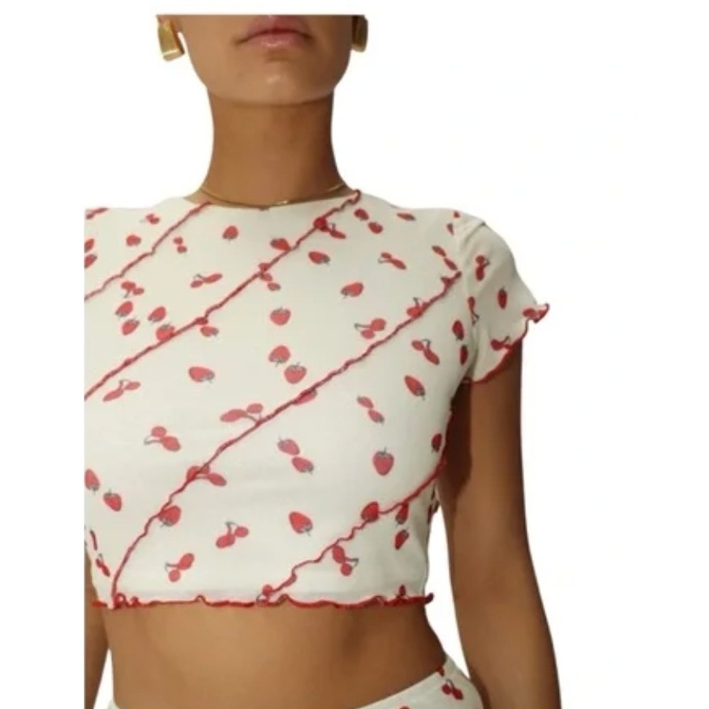 Bailey Rose Top Womens XS Cream Strawberry Cherry Lettuce Edge‎ Mesh BRT1974DG